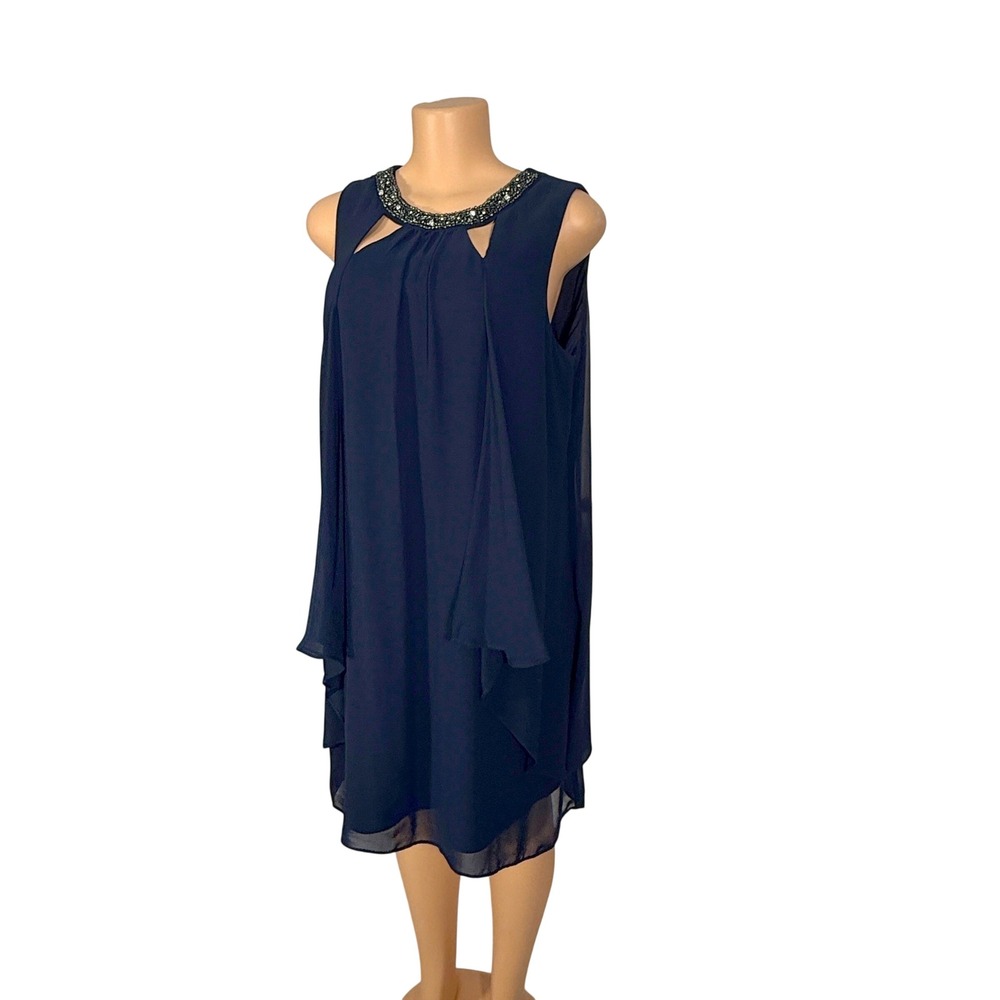 SLNY Shift Dress Womens 14 Navy Blue Excellent Beaded Neckline Cutout Chiffon